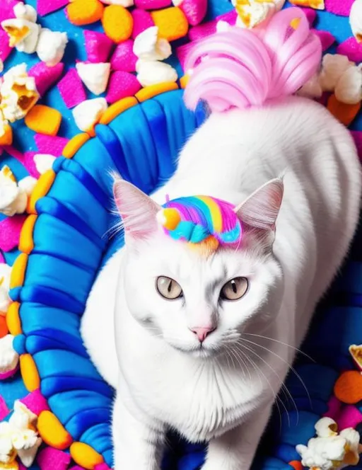 Prompt: cat, with unicorn horn, sitting on a giant piece of popcorn, High angle view, Ultra-Wide Angle, extremely detailed, intricate detail, fine detail, careful detail, wearing long eyelashes, wearing clown makeup