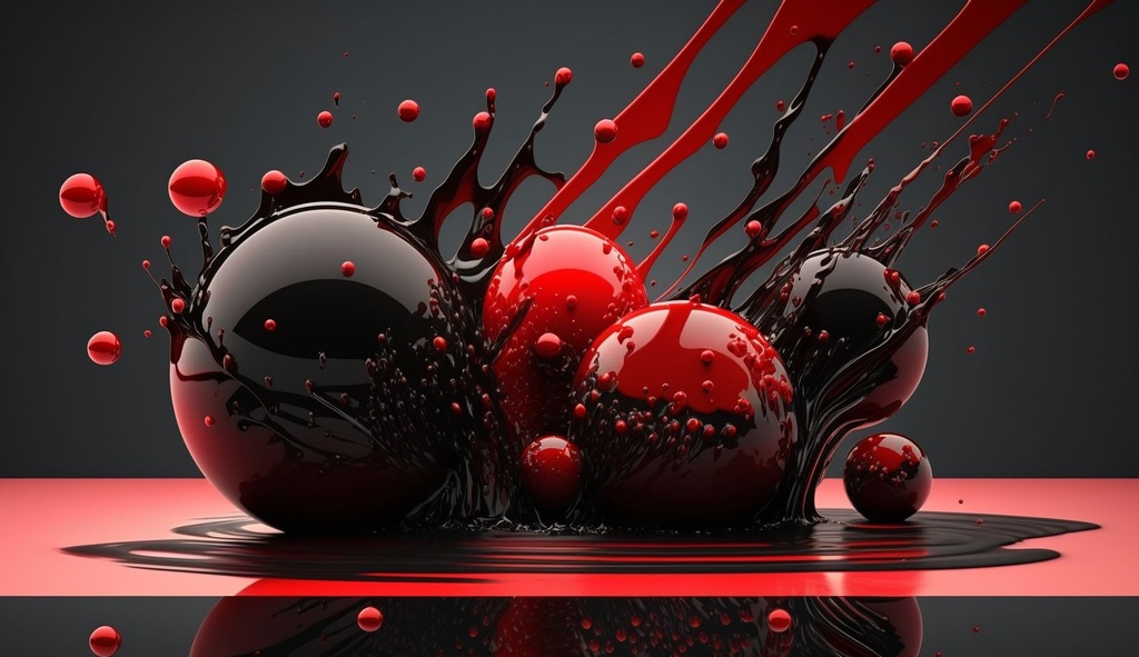Prompt: red paint pouring between black glass balls