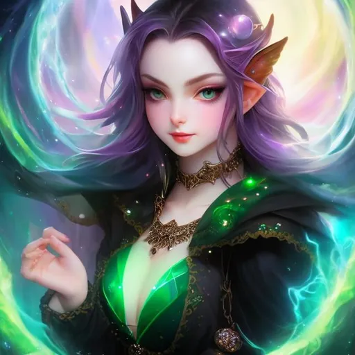 Prompt: fantasy style, High-resolution hyper-realistic portrait of a wicked dark wizard goth girl, {extremely COLOSALLY BREASTED}, pale skin, big dreamy eyes, soft cheeks, round chin, pointed ears {elf ears}. a totally bare navel, and a totally exposed belly button. necklace with beads, Micro skirt. stone floor with a swirling green necrotic portal. red hibiscus flowers.  intricate details, highly detailed.
