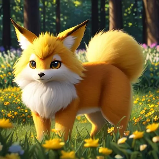 Prompt: Disney Pixar style Jolteon Pokemon, highly detailed, fluffy, intricate, big eyes, adorable, beautiful, soft dramatic lighting, light shafts, radiant, ultra high quality octane render, daytime forest background, field of flowers, bokeh, hypermaximalist