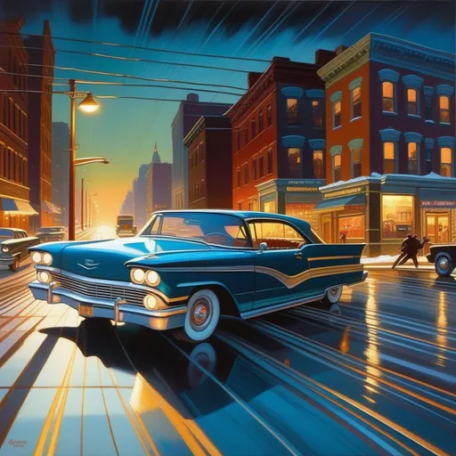 Prompt: Driver Parallel Lines, car chase, New York, cartoony, cold night atmosphere, extremely detailed painting by Greg Rutkowski and by Henry Justice Ford and by Steve Henderson