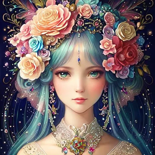 Prompt: realistic painted still life beautiful flowers by ambrosius bosschaet!!!!!, floating in the sky, iridescent water drops, crystal chandelier drops, glitter sparkles, symmetrical face, daniel merriam art, steampunk, muted colors, fairy wings, nicoletta ceccoli, daniel merriam art, jennifer healey art, fantasy art, renaissance gown, hyper realistic flower bouquet painting,  soft shadows, stunning, dreamy, elegant, perfect face, sparkles, Beautiful goddess, Haute Couture, princess dress, joseph karl steiler art, architecture illustrations 1800s, garden of roses and peonies background, ultra detailed, soft lighting, infinite depth, incredibly detailed, ultra realistic, high index of refraction, hyper realistic elegant smooth sharp clear edges, sharp focus, wide angle perspective, ultra realistic, sense of high spirits, volumetric lighting, occlusion, Unreal Engine 5 128K UHD Octane, fractal, pi, fBm