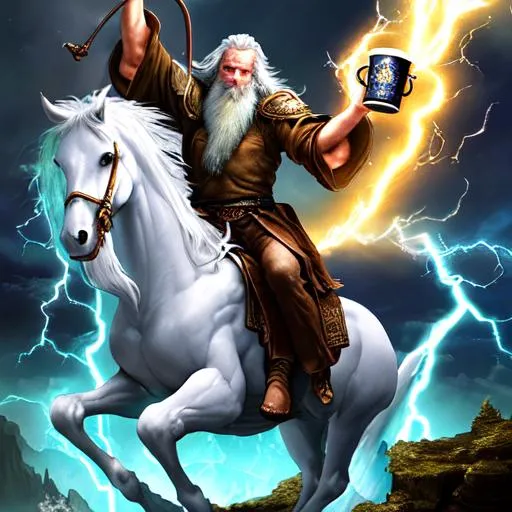 Prompt: fantasy, wizard drinking beer, magical, lightning, holding an overflowing mug, riding a pegasus, old, beard