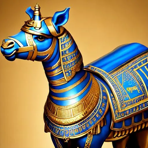 Prompt: A Camel/Rhinoceros Hybrid wearing gold and blue Egyptian/Roman armor.