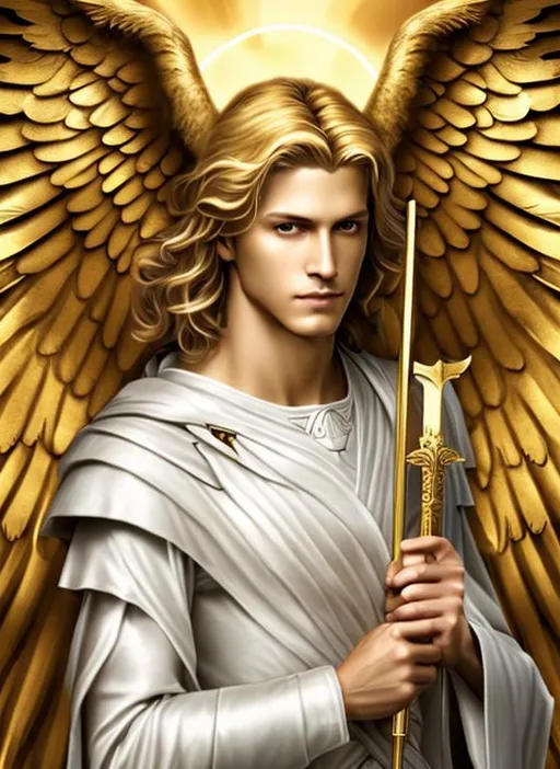 Prompt: Angel, halo, radiant golden light, seraph, six wings, photo realistic, Male, warrior, ancient, wallpaper, St michael, catholic, archangel, handsome, Male face, masculin face, 37 years old