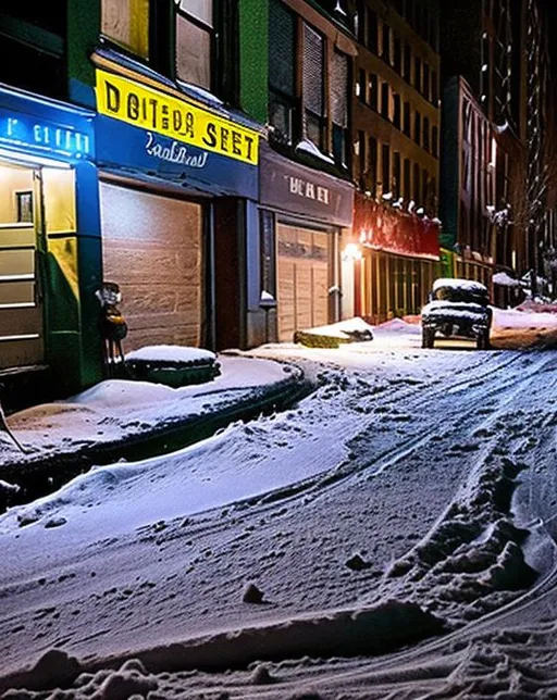 Prompt: color photograph of highly detailed abandoned New York City street, at night, with snow, natural light, film grain, soft vignette, sigma 85mm f/1.4 1/10 sec shutter, film still promotional image, IMAX 70mm footage