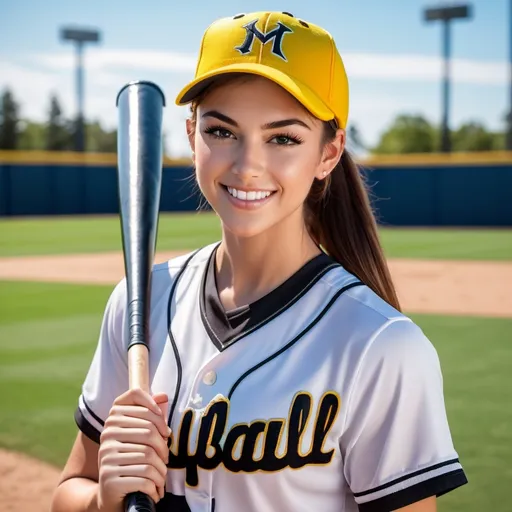 Prompt: (cute adorable softball player), slim athletic form, college age, wearing team uniform, long brown hair in a ponytail, ballcap, holding bat over her shoulder, vibrant baseball field background, bright sunny day, inviting warmth, cheerful atmosphere, ultra-detailed, high-quality image, capturing the joy of youth sports, lively colors, action-ready stance.