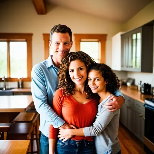 Prompt: (family of four), father, mother, high school boy, middle school girl, warm family atmosphere, smiling expressions, standing together, cozy home environment, natural light streaming in, vibrant colors, showcasing love and togetherness, full-body portrait, candid moment, high-quality, highly detailed, capturing the bond between family members in a cheerful setting.