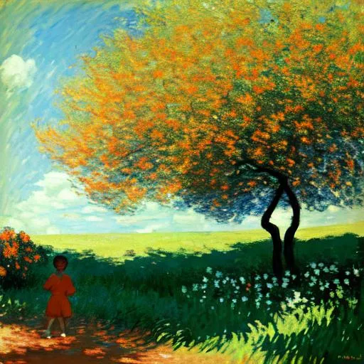 Prompt: young kid, under orange fruit  trees, with green grass, flowers, blue sky, clouds, Monet style, impressionist, shadows