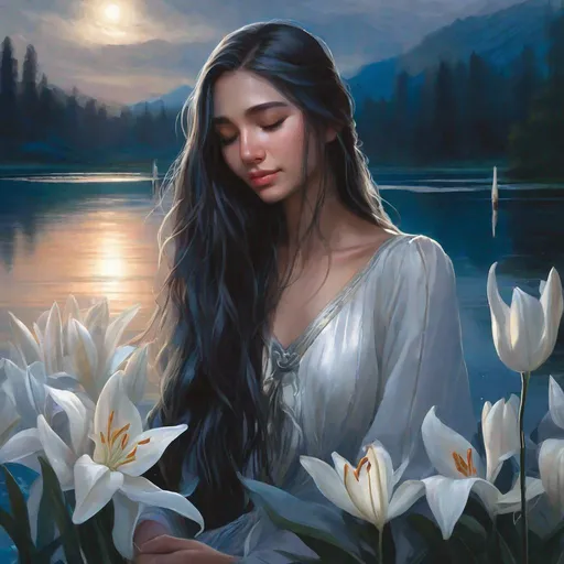 Prompt: girl crying by the edge of a lake, blue, long hair, white, lilies, night, mtg card art, close up