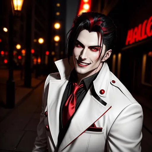 Prompt: male vampire inspired by Alucard from Hellsing, black hair with red highlights, he is looking down at the viewer, vampire the masquerade, detailed symmetrical face, handsome rugged face, full body picture, grinning showing perfect teeth, cyberpunk night time style background, well lit by street lights, white trench coat, black buttoned up shit with a red tie, vampire, Clan Tremere, full body
