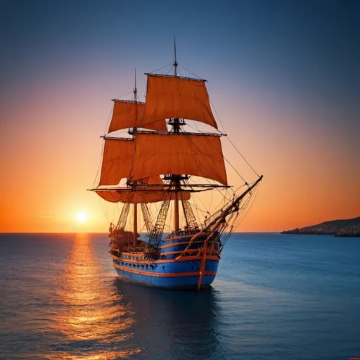 Prompt: Callendar as a wallpaper for 2024, #blue #light, #sunset #sea #orange #old spanish ship, #days of month april 2024