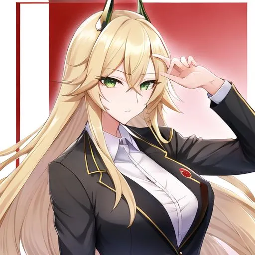 Prompt: Kazumi 1female. Long Blonde hair that stops at her shoulders. Sharp and lively green eyes. Wearing a  sleek and stylish ensemble, with a tailored blazer, crisp button-up shirt, and fashionable trousers. UHD, close up