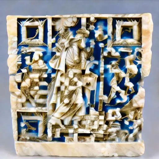 Prompt: greek marble plaque with a traveler strolling through a castle 