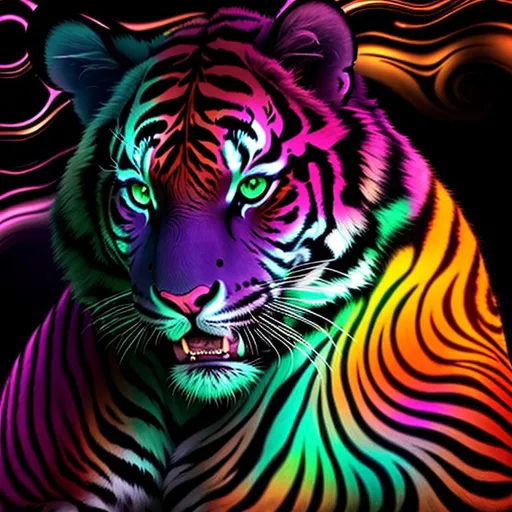 Prompt: beautiful swirl dark chaos vivid bold, 3D, HD, [{one}({liquid metal {Bengal}Tiger, (plasma) with {purple gold pink green red silver blood}ink)[::2, expansive psychedelic background --s99500 