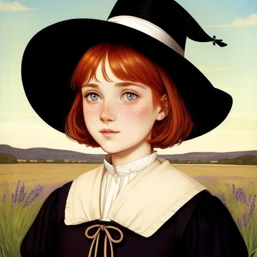 Prompt: Cute ginger puritan pilgrim with freckles, detailed face, perfectly round pupils. by Waterhouse and Loish. Lavander fields background