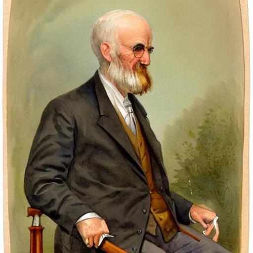 Prompt: A vintage watercolor portrait of a seated angry skeletal elderly american man in a gray uniform, with a bushy beard, leaning on a walking stick, sunset in the background, 