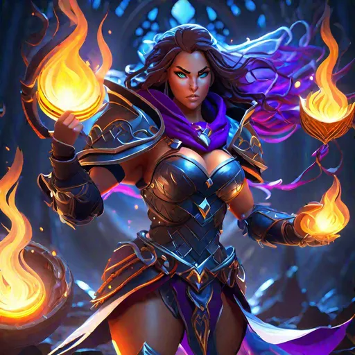 Prompt: digital art, female warrior mage, busty muscular body, wear chest plate and cauldron, mana focusing prepare to chanelling and casting spell, prepared striking action pose, abyss background , hd octane render, ultra 4k, ultra definition, highly enchanted