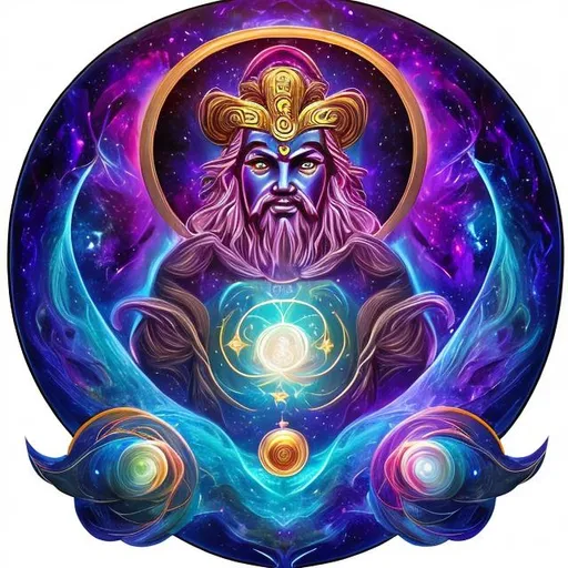 Prompt: "Create a powerful logo that captures the essence of the cosmos and embodies the deity of the universe, blending cosmic elements with the divine presence of the god of the cosmos, resulting in a visually stunning emblem that resonates with the boundless mysteries of space and the divine forces that govern it."