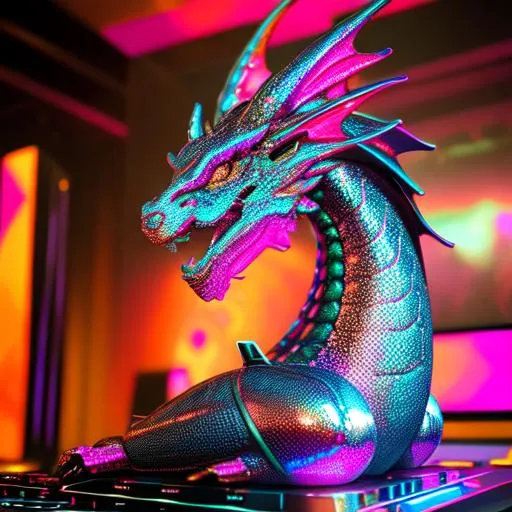 Prompt: A photo of a dragon sculpture headphones djing, photorealistic, vaporwave themed art, very glossy and shiny scales, reflective, perfect composition, hyperrealistic, super detailed, 8k, high quality, trending art, trending on artstation, sharp focus, studio photo, intricate details, highly detailed, Trending on Artstation, Cozy wallpaper, Pastel colors, soft lighting