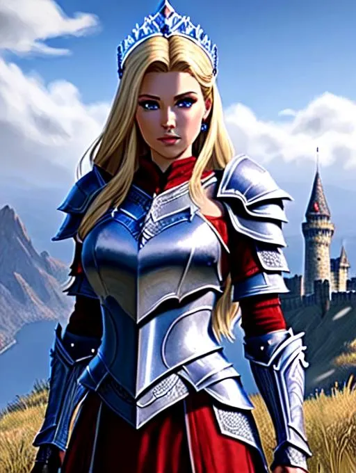 Prompt: Princess, tiara, armor from Skyrim, royal vibe, highly detailed, digital painting, HD quality, beautiful, high definition, perfect, 3d, blonde hair, red shirt, full body, standing near castle, video game, beautiful, morrowind, blue eyes, riding red dragon, wand, wizard, centaur, kissing knight, man