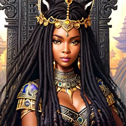 Prompt: Insanely detailed Closeup of a gorgeous black panther human female in a throne room, african features, long flowing dreadlocs, beautiful eyes, wolf fangs, Rococo, hyperdetailed, delicate; Royo, Bagshaw, Chevrier, Lou Xaz, Ferri, Kaluta, Minguez, Mucha, Simon Dewey, WLOP, Greg Olsen, Artgerm, cinematic, 8k