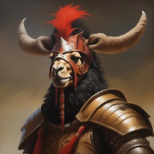 Prompt: Akaviri Potentate Camel, black fur, gladiator-like armor, helm with red mohawk and horns, masterpiece, best quality, in oil painting style