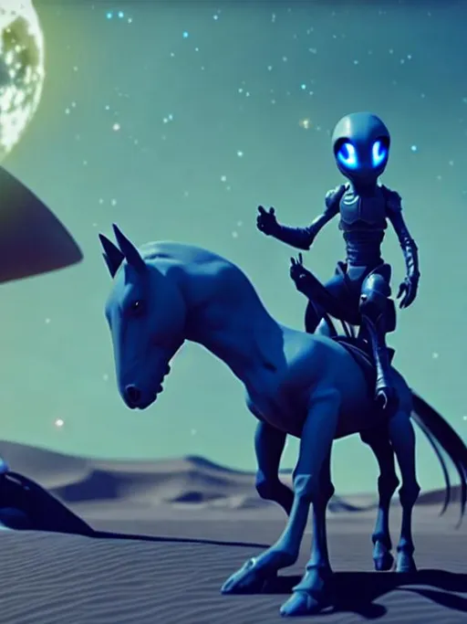 extreme long shot, cute alien rides horse, earth des... | OpenArt