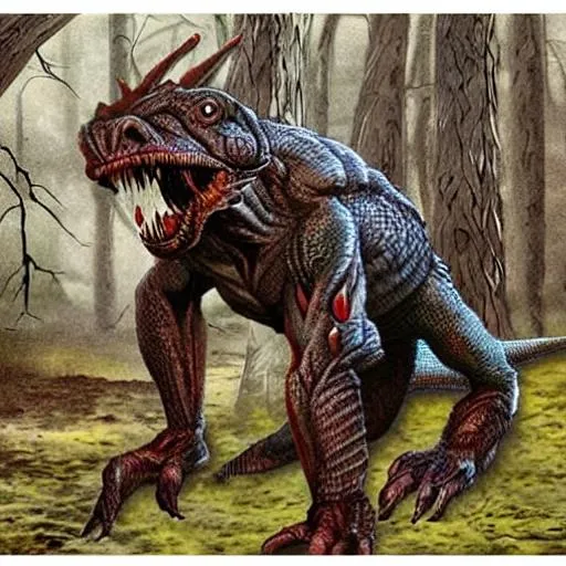 Prompt: Hyper realistic Bipedal reptilian, or lizardman, in forest, full moon, horror, terror, bodybuilding upper body Muscles , brown fur, with red eyes! Claws. 7 feet tall, and sinister, and battling Sasquatch! Vicious Hellhound. Evil , large wings!