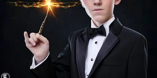Prompt: 13 year old boy in a tuxedo casts a spell with his magic wand