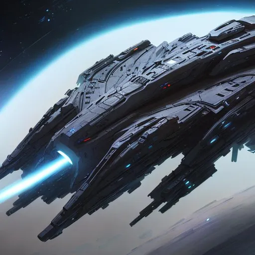 Prompt: heavy sci fi space cruiser from 1500 years into the future going beyond light speed concept art 
show entire thing

