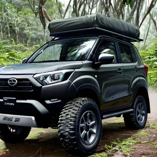 Prompt: Black Daihatsu All New Terios 2022 with all terrain wheels camp in the middle of tropical forest 