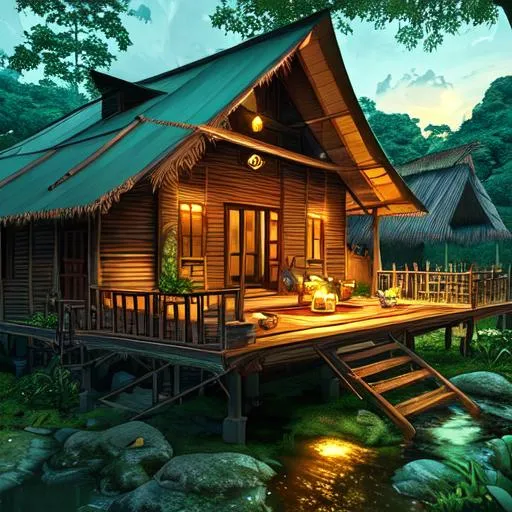 Prompt: a cozy little kampung house in the Malaysian Forest, relaxing, gravity falls concept, chill, relaxing, peaceful, sunset, extremely detailed art, 35mm unreal engine 5, hyper realism, blue - green aesthatic