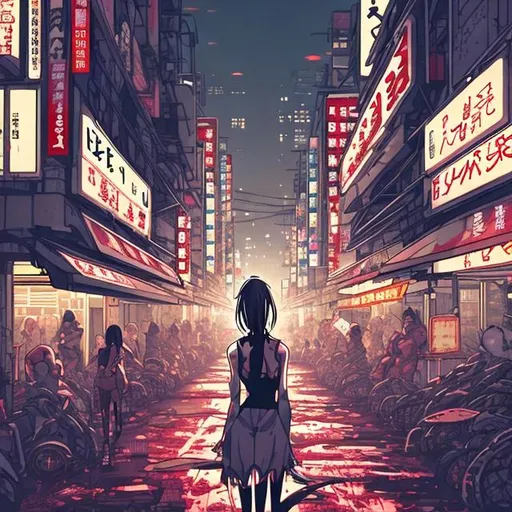 Prompt:  woman walking down the crowded street of tokyo japan, zombie town,facing the city , asymmetric hair long, covered in blood, background city of japan with bright lights and signs everywhere night , high quality,  90s anime style