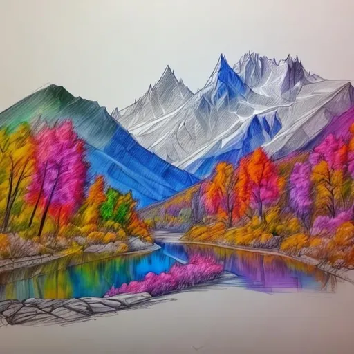 Prompt: sketch mountains rivers and tress also color them
