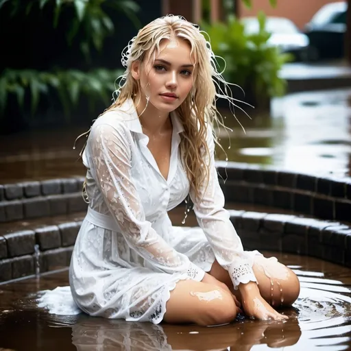 Prompt: photo of young woman, soaking wet clothes, heels, hose, white ,long sleeve, mid length, lace dress,  , sitting in puddle,   enjoying, water dripping from clothes, clothes stuck to body,  detailed textures of the wet fabric, wet face, wet plastered hair,  wet, drenched, professional, high-quality details, full body view , long blonde hair