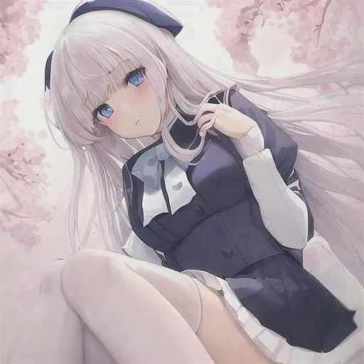 Cute Kawaii Anime Girl with Blue Eyes and White Hair Lies on the