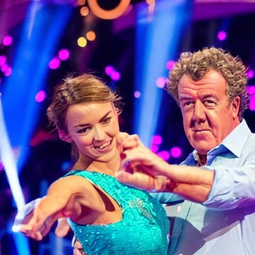 Prompt: Jeremy Clarkson taking part in "strictly come dancing" with an attractive young female dancer high definition