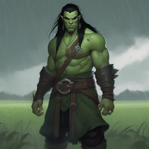 Prompt: dnd a male green half-orc sorcerer with long black hair in a half bun with black tattoos wearing and short tusks in the rainy field