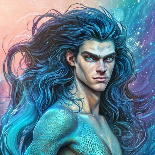 Prompt: full-body portrait of a mermaid, guy, long black hair blown by wind, sharp jawline, smooth soft skin, big dreamy blue eyes, beautiful intricate colored hair, water background, dappled light, detailed face, looking into camera, smile, telephoto, dslr, vivid colors