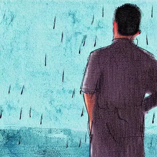 Prompt: a man looking far away where it's raining Painting digital art 