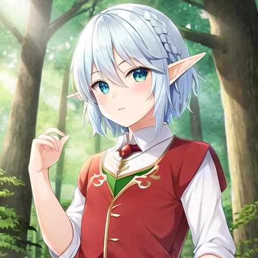 Prompt: Cute Elf boy with white hair. He had galaxy green eyes. They are in a forest