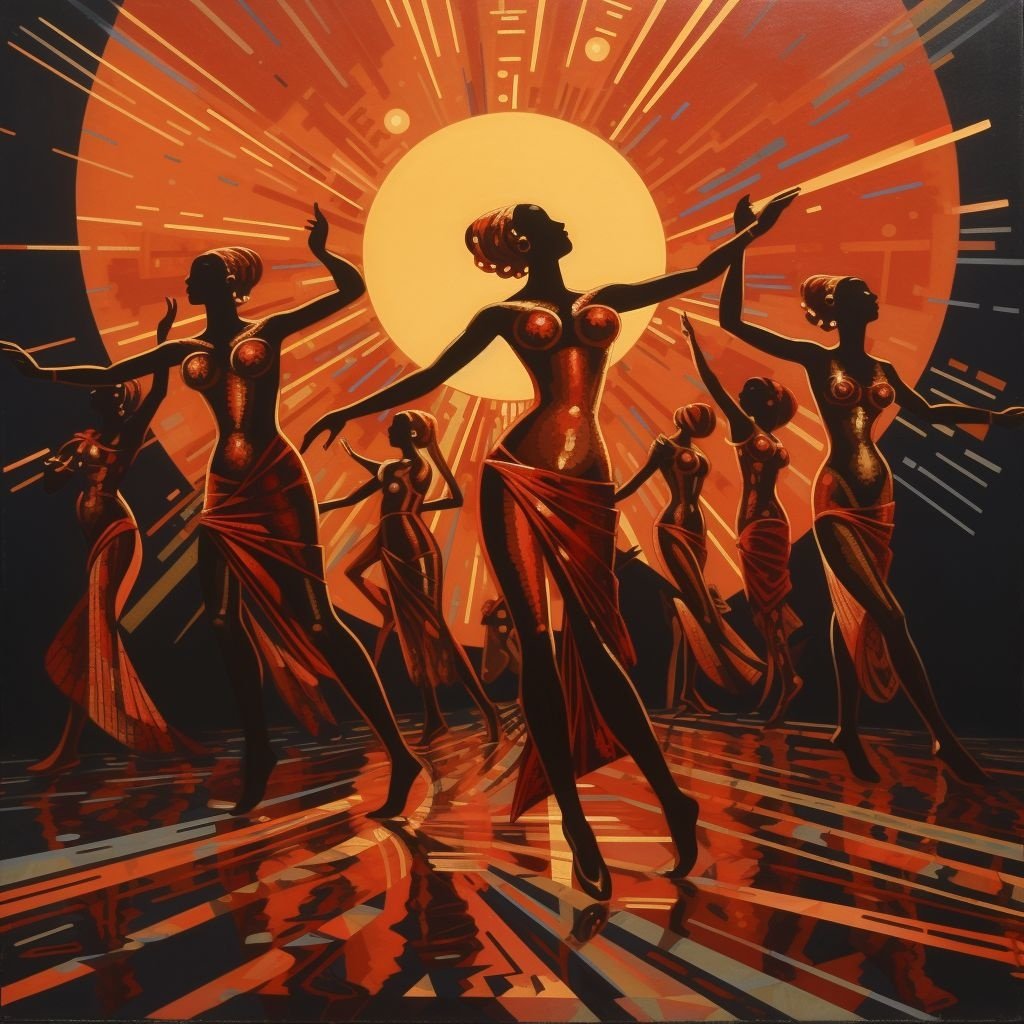 Prompt: female dancers walking in the night background, in the style of opt art, red and bronze, linear perspective, art of the congo, sunrays shine upon it, soviet propaganda, carnivalesque