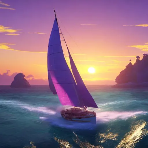Prompt: A solo photorealistic 36 foot Masthead Sloop sailing in front of a tropical island and a golden sunset with silver trailing seas.  The boat has a brightly lit purple spinnaker and sailors shown strictly by silhouette.

