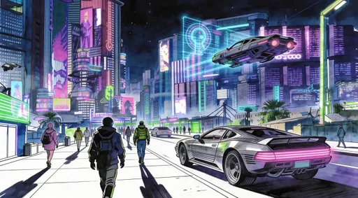 Prompt: the night city streets, sci-fi, markers drawing, higly detailed, precise clean lines, vibrant dark colors 
