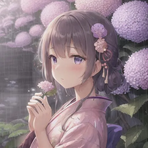 Prompt: {{{Illustration}}},  {{{best quality}}}, {{ultra-detailed}},  {{an extremely delicate and beautiful}},   Rainy season in Japan.   In the pouring rain, a girl sniffs the fragrance of light purple hydrangeas  flowers  with an enraptured look on her face. She is dressed in traditional Japanese attire.  Upper body.
