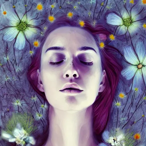 Prompt: Art of woman laying down, she has smooth soft skin and beautiful hair, decaying flowers surround her, symmetrical and detailed, concept art, digital painting, looking into camera, theme of decay and death 