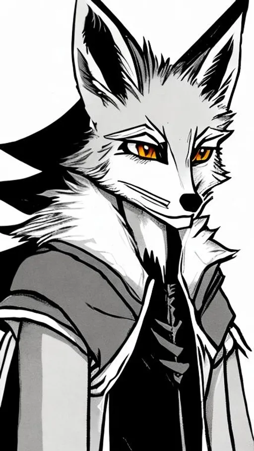 Prompt: An anime style illustration of a white anthropomorphic young,tall,skinny,serious,handsome male fox cub character with black pointy ears dressing medieval druid clothes. Black empty background. 