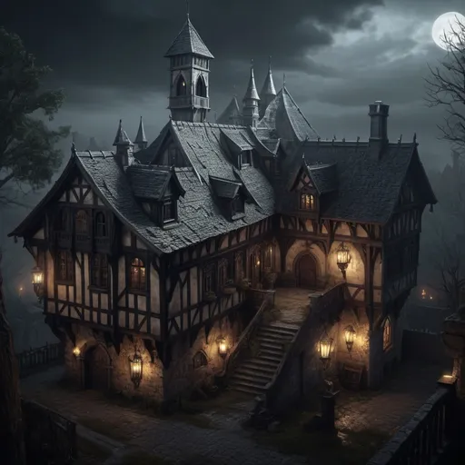 Prompt: Medieval mansion in town, Warhammer fantasy RPG style, eerie atmosphere, dark and gloomy, detailed architecture, haunting ambiance, highres, ultra-detailed, realistic, medieval, eerie atmosphere, atmospheric lighting, daunting mansion, detailed surroundings, warhammer fantasy RPG