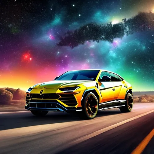 Prompt: car(lamborghini urus) driving down long highway set in space with galaxies and planets in the distance , vibrant colors, HD, 4K, professional brush work, detailed, cinematic shot, better, F1 car, future,hyperdetailed,sharp looking , 